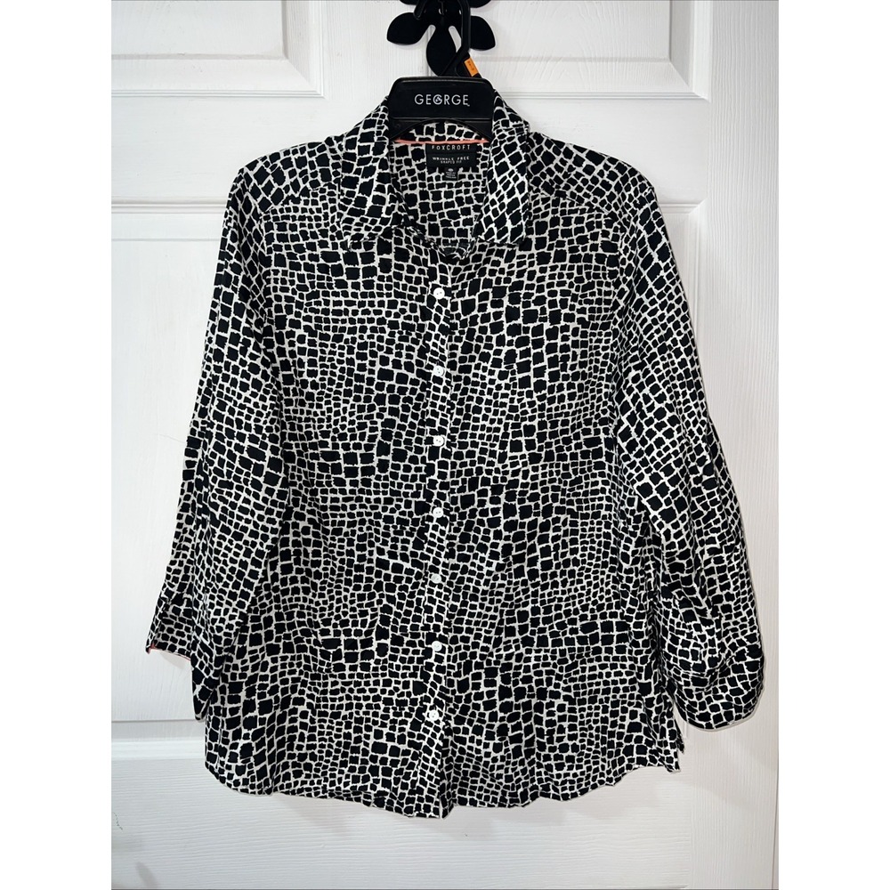 Foxcroft Blouse Women's 14W Wrinkle Free Shaped Fit Black White